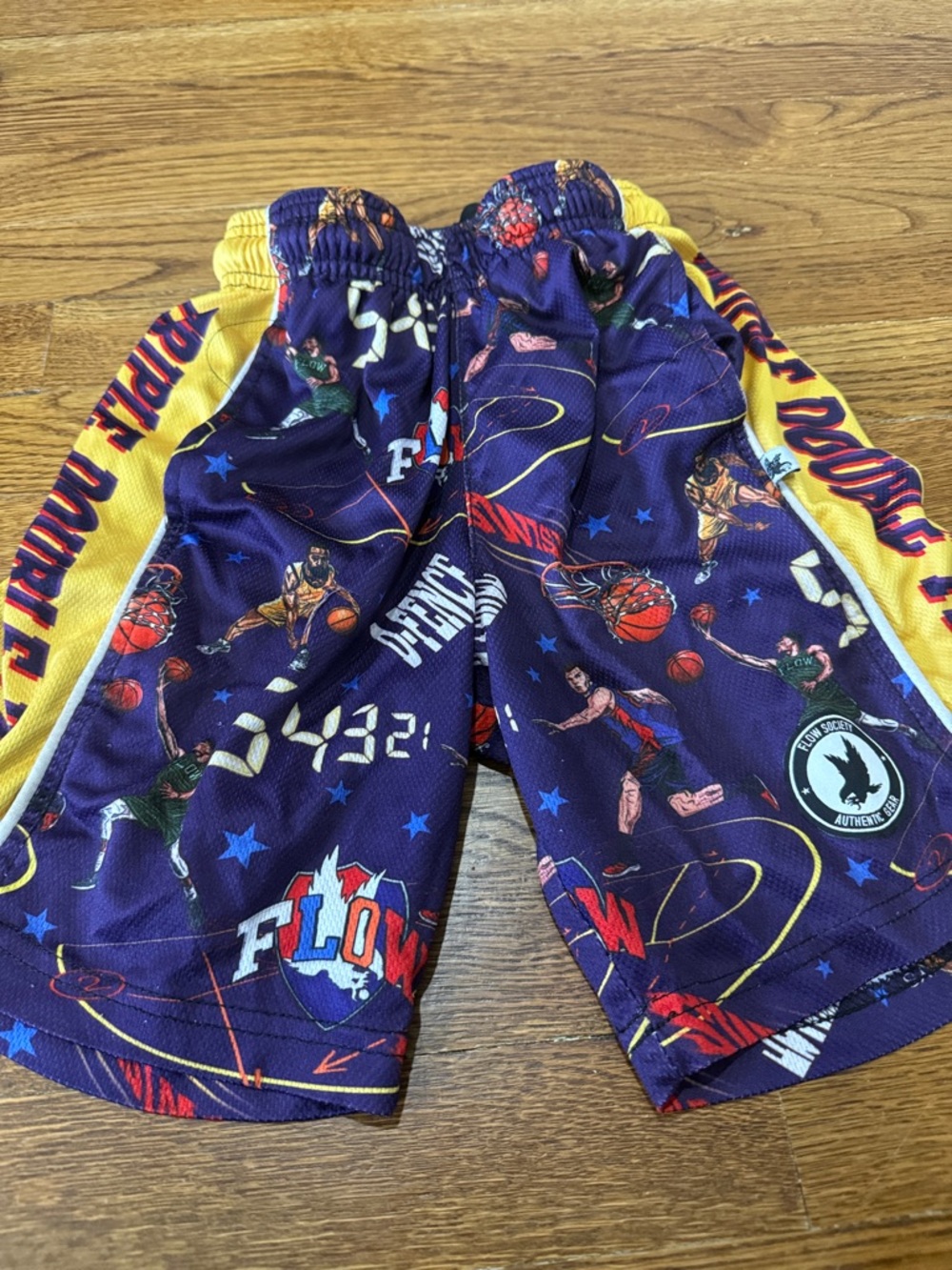 Kids Purple and Yellow Basketball Print Athletic Shorts